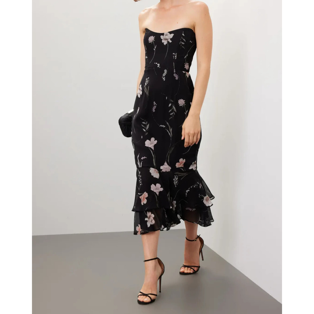 REPAIRED Katie May Nami Black Floral Midi Strapless Dress Gown Sz M (Ret $365)